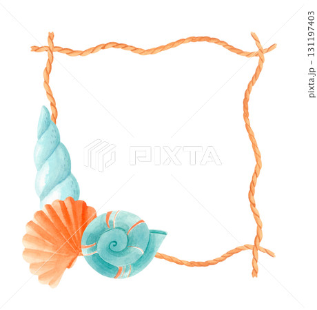 Watercolor marine rope frame with seashells. Square nautical clipart border. 131197403