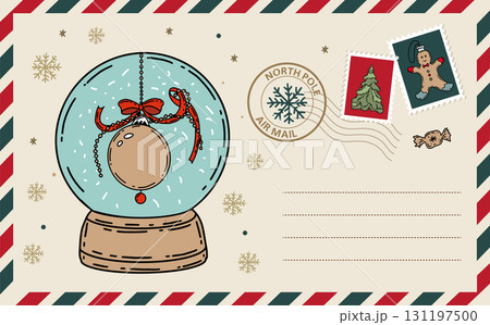 Card with Glass snow globe Christmas, hand drawn illustration. Card with Glass snow globe Christmas, hand drawn illustration. 131197500