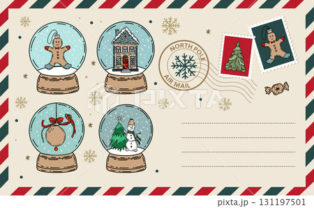 Card with Glass snow globe Christmas, hand drawn illustration. Card with Glass snow globe Christmas, hand drawn illustration. 131197501