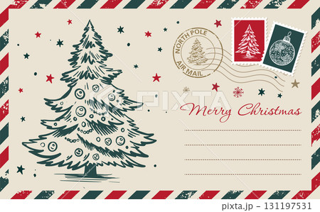 Postcard, Christmas mail with tree, letter, hand drawn illustration.	 131197531