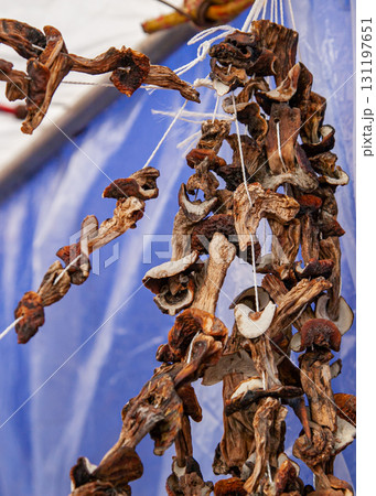 Dried mushrooms on a rope hang at a rural fair Dried mushrooms on a rope hang at a rural fair 131197651