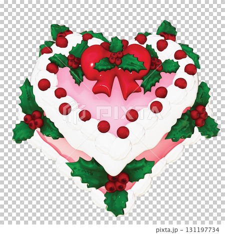 3D Heart-Shaped Christmas Cake with Holly and Berries on Transparent Background 131197734