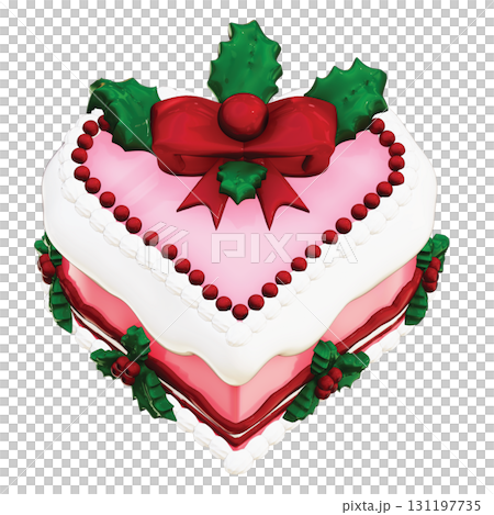 3D Heart-Shaped Christmas Cake with Beaded Border on Transparent Background 131197735