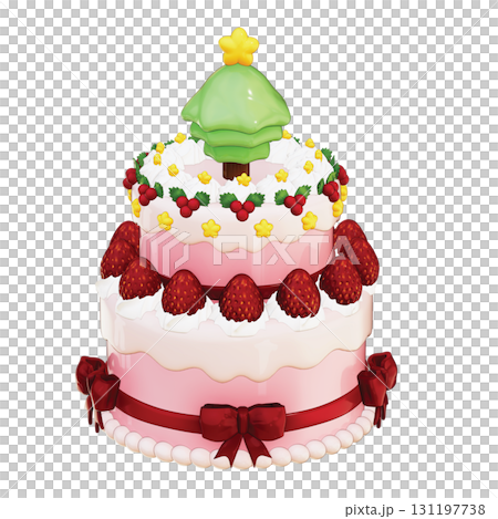 3D Two-Tier Christmas Tree Cake with Strawberries on Transparent Background 131197738