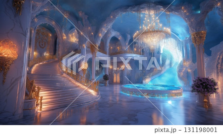 Grand blue ballroom with ornate arches and decorative trees. Fantasy interior design. 131198001