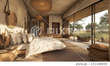 Luxury bedroom with panoramic windows and safari view. Modern hotel suite with natural design. 131198030