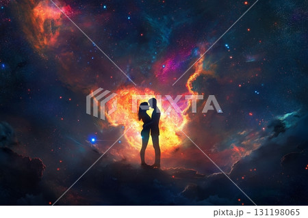 Romantic silhouettes against a vibrant cosmic backdrop create a dreamlike atmosphere for lovers 131198065