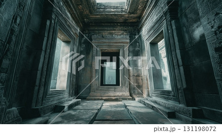 Sunlight filters through ancient ruins showcasing nature's embrace in a serene setting 131198072