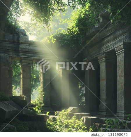 Sunlight filters through ancient ruins showcasing nature's embrace in a serene setting 131198073