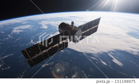 Satellite in orbit above Earth capturing stunning view of blue planet and clouds 131198075