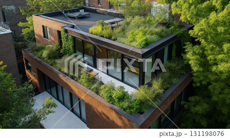 Urban rooftop garden with modern design, seating area in a serene city setting 131198076