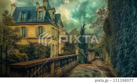 Charming rustic cottages line a serene street in a picturesque village 131198077