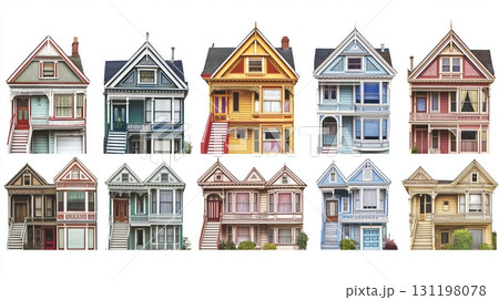 Row of colorful Victorian houses with intricate architectural details along a street 131198078