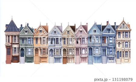 Row of colorful Victorian houses with intricate architectural details along a street 131198079