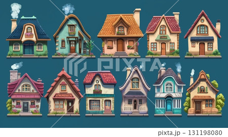 Charming collection of whimsical houses with unique designs set against a vivid blue background 131198080