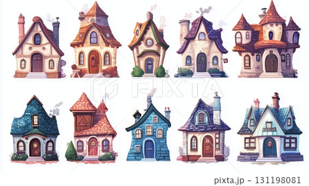 Charming collection of whimsical houses with unique designs set against a white background 131198081