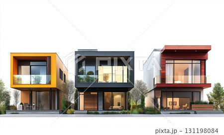 Modern residential building design with multiple balconies and large windows 131198084