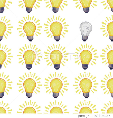 Pixel art seamless pattern. Glowing yellow light bulbs, idea concept. One gray bulb is off, symbolizing exception or lack of energy. Teamwork and innovation. Pixel art seamless pattern. Glowing yellow light bulbs, idea concept. One gray bulb is off, symbolizing exception or lack of energy. Teamwork and innovation. 131198087