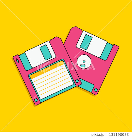 Pink floppy disks front and back. Bright retro computer storage. Vector illustration. Pink floppy disks front and back. Bright retro computer storage. Vector illustration. 131198088