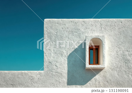 Minimalist white building facade with wooden window Minimalist white building facade with wooden window 131198091