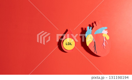 High LDL cholesterol increases the risk of cardiovascular disease. LDL cholesterol particle inside a blood droplet and heart anatomy made from paper on red background. Atherosclerosis concept. 131198194