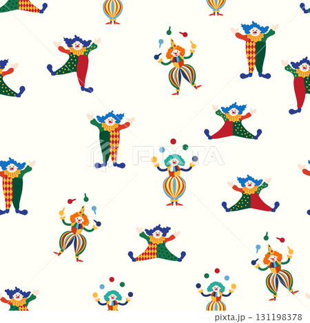 Seamless pattern with a CIRCUS theme. Circus clown character. Flat cartoon style. 131198378