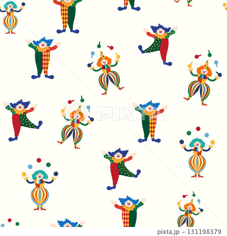 Seamless pattern with a CIRCUS theme. Circus clown character. Flat cartoon style. 131198379