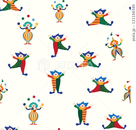 Seamless pattern with a CIRCUS theme. Circus clown character. Flat cartoon style. 131198380