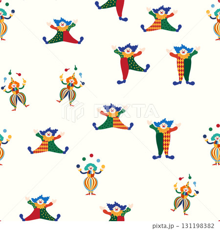 Seamless pattern with a CIRCUS theme. Circus clown character. Flat cartoon style. 131198382