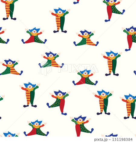Seamless pattern with a CIRCUS theme. Circus clown character. Flat cartoon style. Seamless pattern with a CIRCUS theme. Circus clown character. Flat cartoon style. 131198384