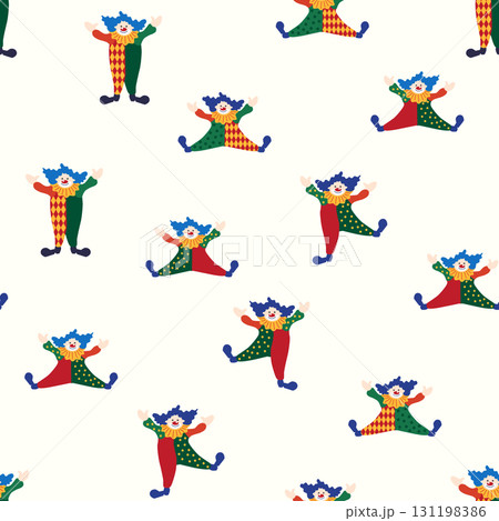 Seamless pattern with a CIRCUS theme. Circus clown character. Flat cartoon style. 131198386