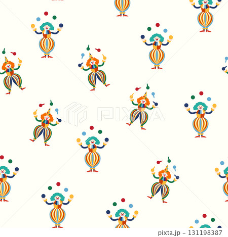 Seamless pattern with a CIRCUS theme. Circus clown character. Flat cartoon style. 131198387