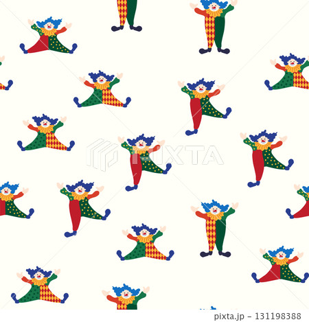 Seamless pattern with a CIRCUS theme. Circus clown character. Flat cartoon style. 131198388