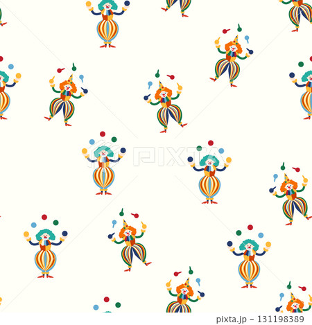 Seamless pattern with a CIRCUS theme. Circus clown character. Flat cartoon style. 131198389