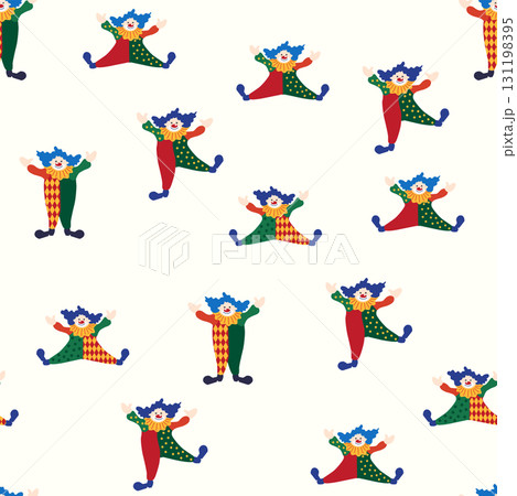 Seamless pattern with a CIRCUS theme. Circus clown character. Flat cartoon style. Seamless pattern with a CIRCUS theme. Circus clown character. Flat cartoon style. 131198395