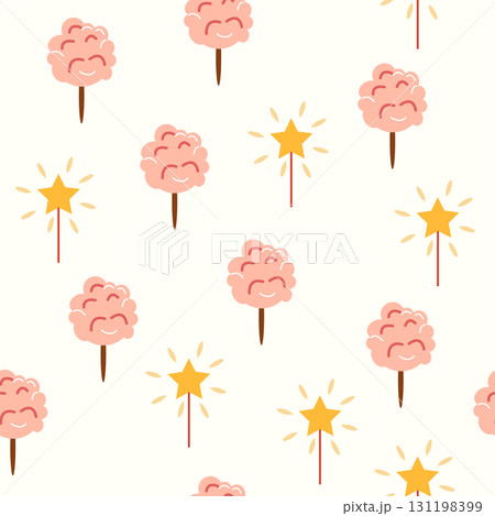 A seamless pattern with a CIRCUS theme. Festive balloons, cotton candy, balls, and magic. Flat cartoon style 131198399