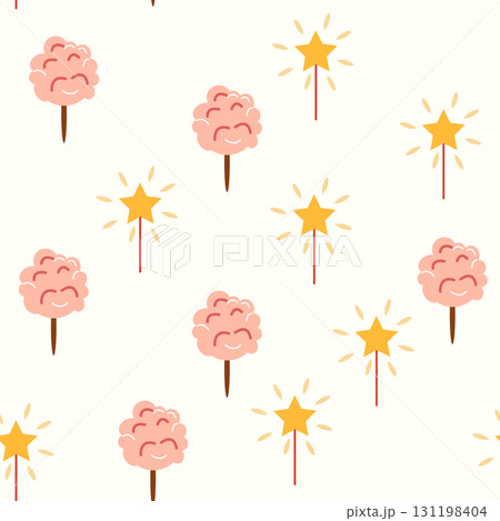 A seamless pattern with a CIRCUS theme. Festive balloons, cotton candy, balls, and magic. Flat cartoon style 131198404