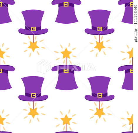 Seamless pattern with CIRCUS theme. Clowns, strongmen, lions, magic hat, hare in hat, holiday balloons tents. Circus characters. Cartoon flat style 131198449