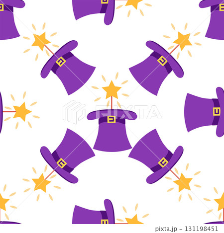 Seamless pattern with CIRCUS theme. Clowns, strongmen, lions, magic hat, hare in hat, holiday balloons tents. Circus characters. Cartoon flat style 131198451