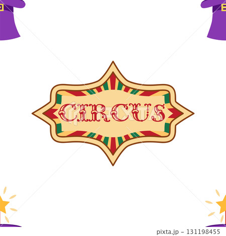 Seamless pattern with CIRCUS theme. Clowns, strongmen, lions, magic hat, hare in hat, holiday balloons tents. Circus characters. Cartoon flat style 131198455