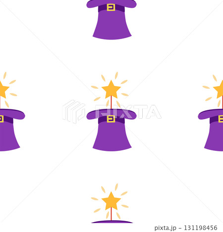 Seamless pattern with CIRCUS theme. Clowns, strongmen, lions, magic hat, hare in hat, holiday balloons tents. Circus characters. Cartoon flat style 131198456