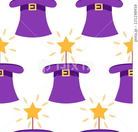 Seamless pattern with CIRCUS theme. Clowns, strongmen, lions, magic hat, hare in hat, holiday balloons tents. Circus characters. Cartoon flat style 131198459