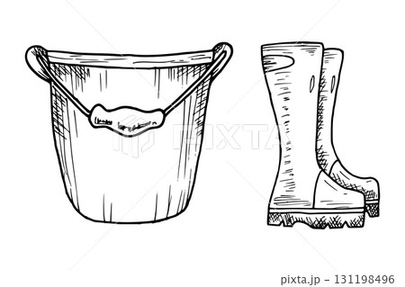 Rubber boots with a metal bucket. Simple black hand-drawn graphic. Vector illustration in line art style. Perfect for Thanksgiving, gardening, farming, fall, or working outdoors 131198496