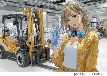 小型フォークリフトと女性倉庫スタッフ 小型フォークリフトと女性倉庫スタッフ 131198528