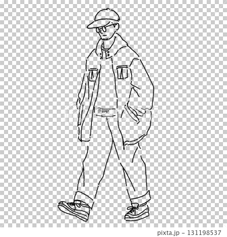 キャップとオーバーサイズジャケットを着て歩く男性のストリートカジュアルファッションイラスト 131198537