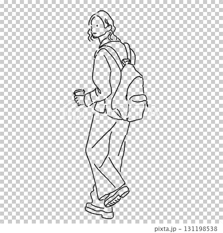 バックパックを背負いコーヒーカップを持って歩く男性のカジュアルファッションイラスト 131198538