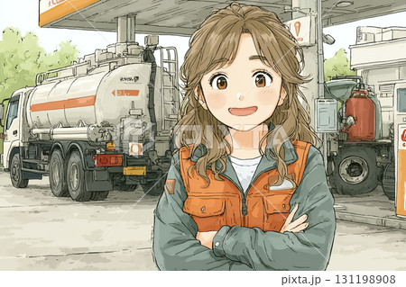 美優がガソリンスタンド向け燃料補給を指導するシーン 131198908