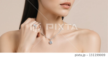 Elegant jewelry close-up showcasing diamond necklaces and rings in luxury fashion style 131199009