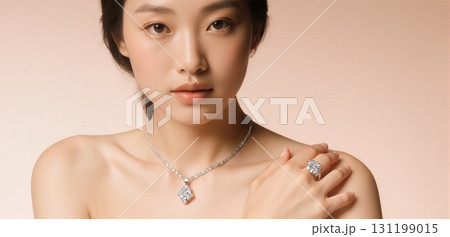 Elegant jewelry close-up showcasing diamond necklaces and rings in luxury fashion style 131199015