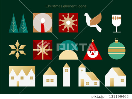 クリスマス要素アイコンと家の街並みセット｜イラスト ベクター 131199463